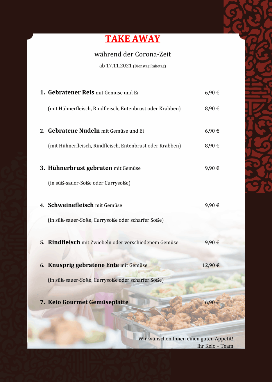 Speisen to go im KEIO Gourmet